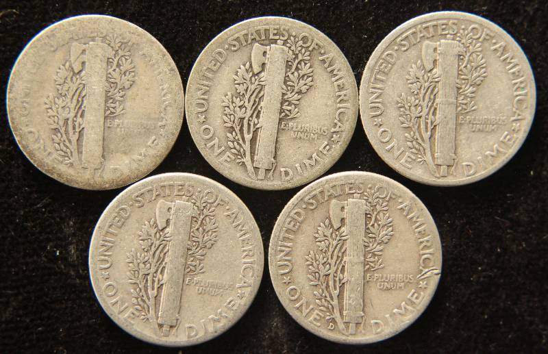 GROUP OF 5 MERCURY SILVER DIMES