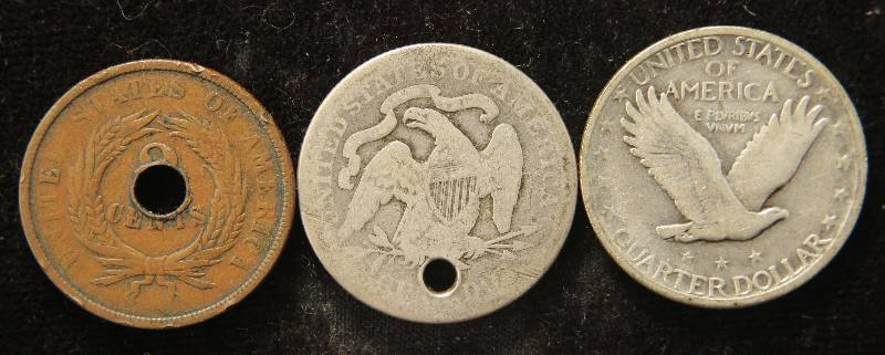 3 US TYPE COINS 1868 2C, HOLED, 1877 25C HOLED, 1928 STANDING 25C FINE