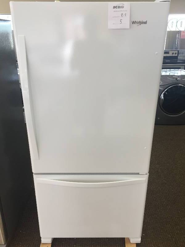 NEW WHIRLPOOL, 22.1 cu. ft. Bottom Freezer Refrigerator in White WITH MANUFACTURERS WARRANTY--Model#WRB322DMBW