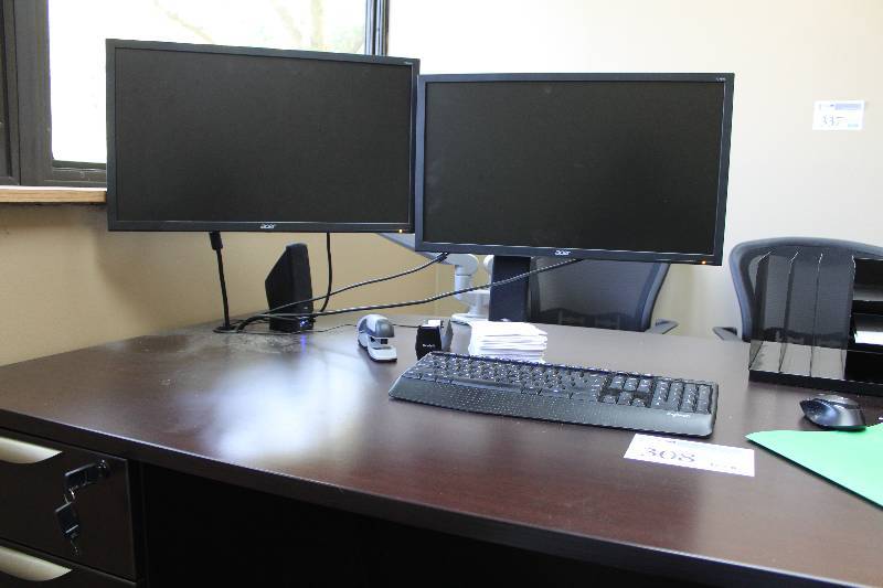 lot 308 image: Compaq Presario Desktop Computer w 2-Acer 24in. Monitors, Dual Monitor Stand, Keyboard, Mouse, Speakers