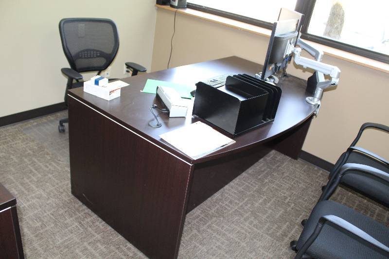 lot 340 image: Office Desk w Key, Rolling Office Chair, Carpet Protector