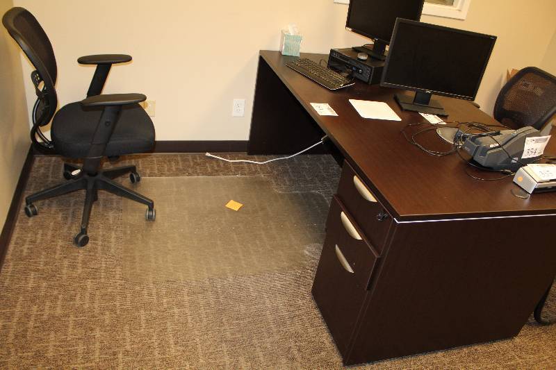 lot 360 image: Office Desk w Key, Rolling Office Chair, Carpet Protector