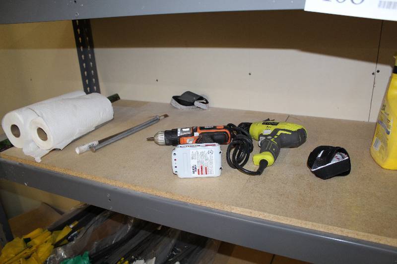 lot 409 image: Black & Decker 20VDC Cordless Drill, Ryobi Drill, Ruler, Clips, Paper Towels