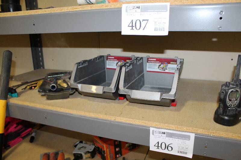 lot 406 image: Hand Tools, Midland Walkie Talkie Set, Brushes, Husky Large Stackable Click Bins