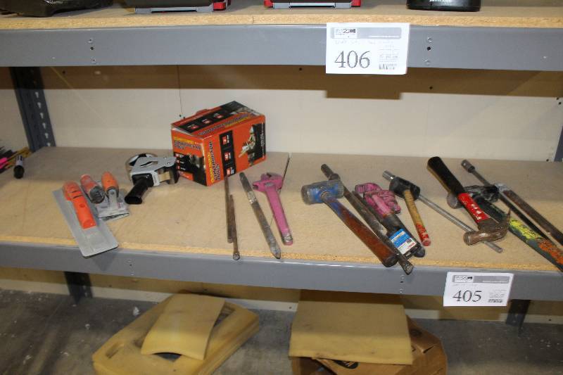 lot 405 image: Hammers, Adjustable Wrench, Pipe Wrench, Tape Gun, And More