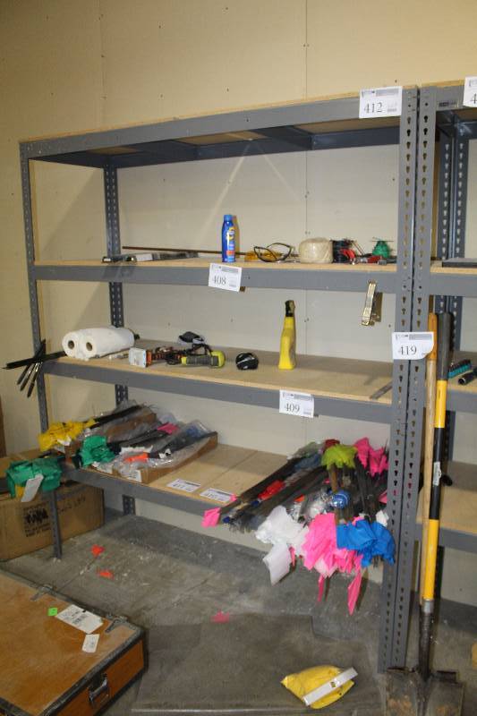 lot 412 image: 4-Adjustable Metal Shelf Shelving Unit w Wood Shelf Tops
