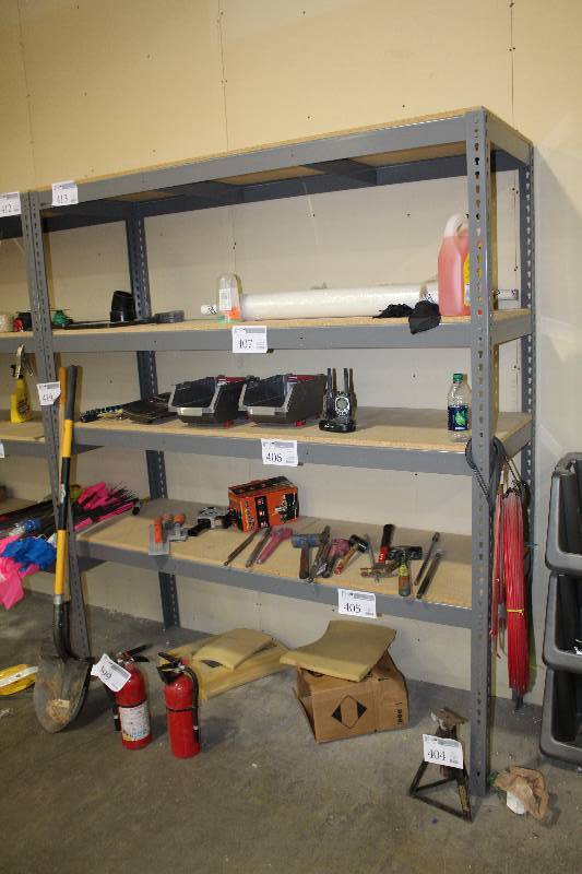 lot 413 image: 4-Adjustable Metal Shelf Shelving Unit w Wood Shelf Tops