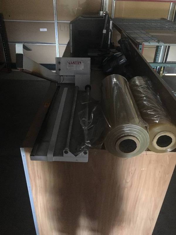 lot 8 image: LATTER BRAND STRETCH WRAP MACHINE - TWO ROLLS OF FILM -  AND - COMMERCIAL VACUUM 1 LOT