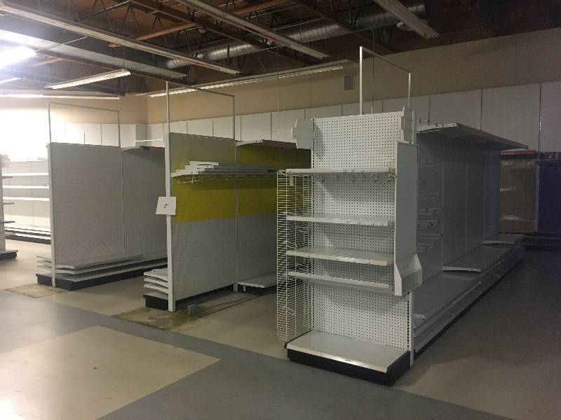 lot 51 image: LONG RUN OF MADIX BRAND LOZIER  GONDOLA RETAIL SHELVING APPROX 350 RUN 36 DEEP - 7 TO 9 TALL ALL MEASUREMENTS ARE APPROXIMATE