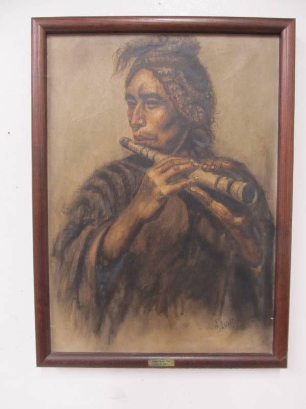 lot 14 image: Vintage Peruvian Flute Player Framed Artwork