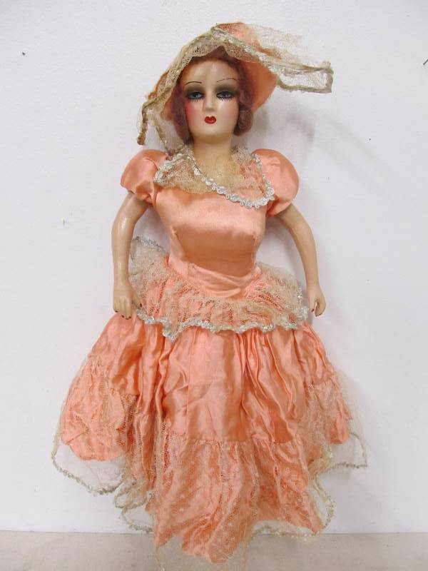 lot 67 image: Large Vintage 1940s-50s Hand Painted Doll wOriginal Outfit