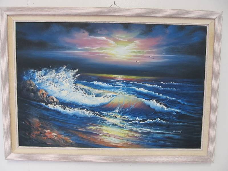 lot 144 image: Large Beautiful Signed Beach Shore Scene Oil Painting