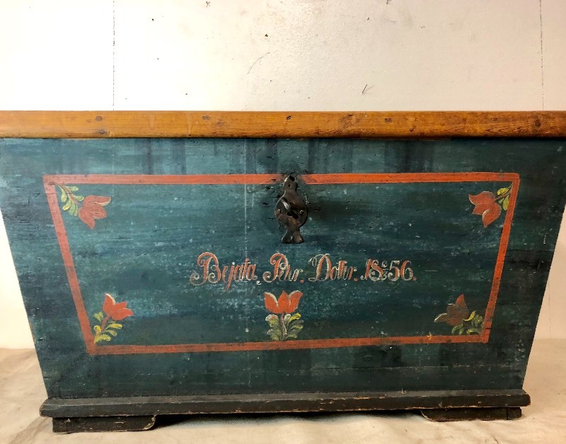 lot 1 image: Original Antique Dated 1856 Scandinavian Painted Chest