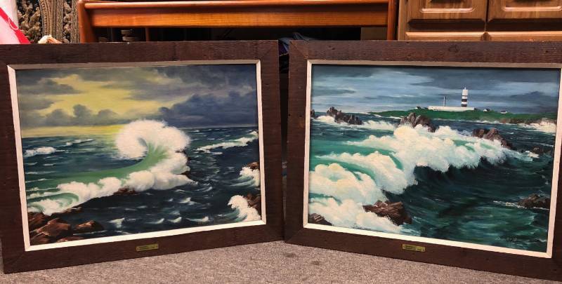 lot 12 image: Pair of Vintage Oil on Canvas Ocean Seascape Wave Paintings