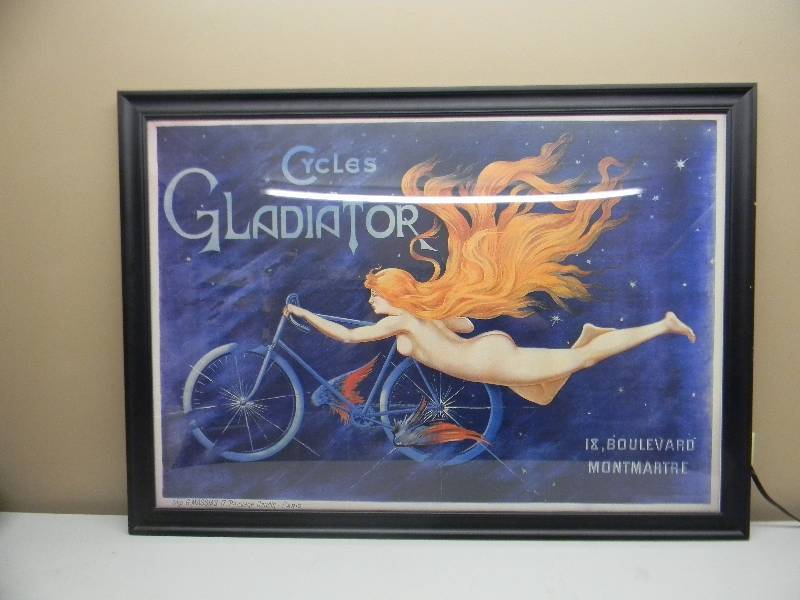 lot 17 image: VINTAGE Cycles Gladiator 1905 French Bicycle Advertising Print, Professionally Framed - APPROX 42 BY 30 - SEE PICTURES
