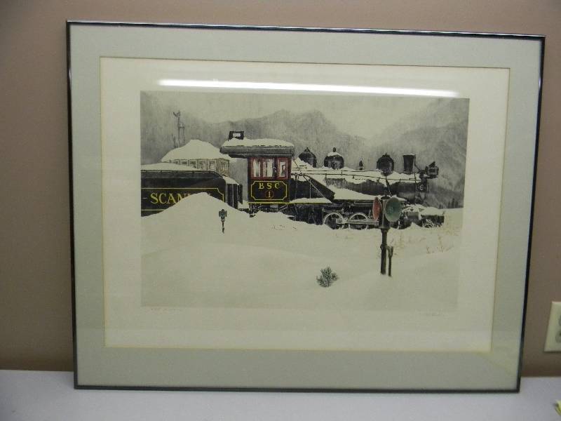 lot 23 image: 1972 ARTIST PROOF PRINT RELIST 1220-110 TRAIN LOCOMOTIVE ART - VERY COOL PIECE - FRAMED - APPROX 35 BY 27 - SEE PICTURES