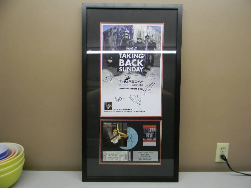 lot 66 image: NICE - SIGNED  - TAKING BACK SUNDAY PROFESSIONALLY FRAMED DISPLAY - APPROX 20 BY 35 - SEE PICTURES