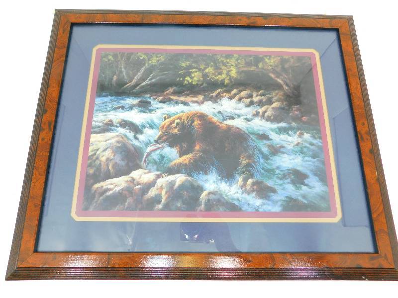 Framed & Matted Picture Of Bear Fishing In Stream  By Lee K. Parkinson