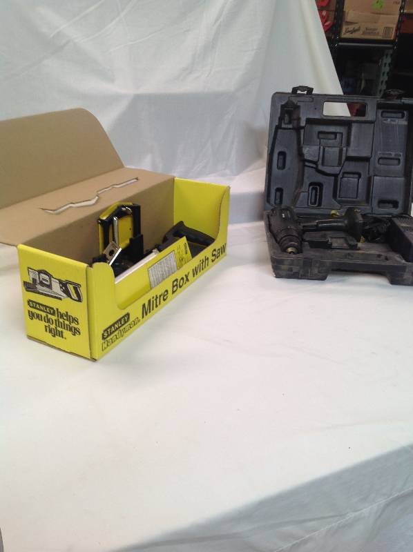 lot 14 image: Bathroom and Kitchen Hardware - Miter box with Saw - Craftsman Drill - and Garage items