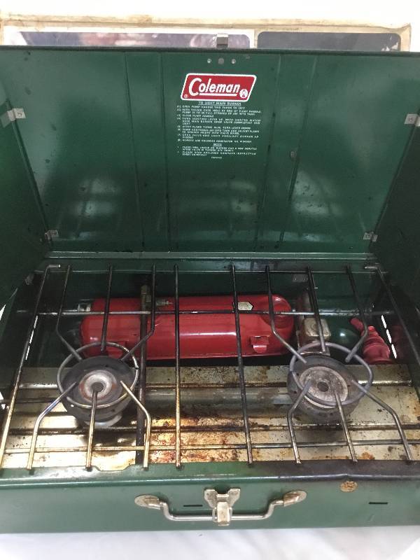 lot 39 image: Large camping stove fishing poles, reels  baseball glove  ND bean bags game