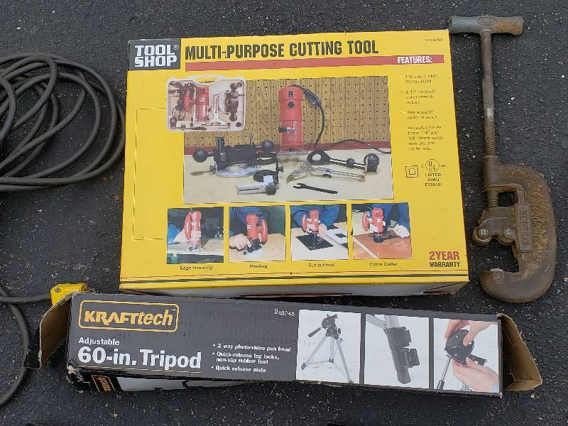 lot 14 image: Multi-Purpose Cutting Tool, Tripod, Folding Stools, C Clamps, Extension Cord