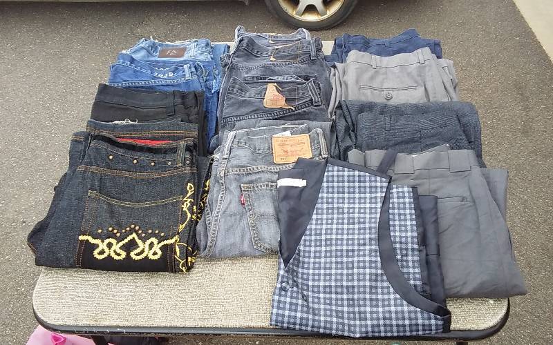 lot 2 image: 8-Pair Mens Jeans Size 34, 4-Pair Dress Pants, Vest Size L
