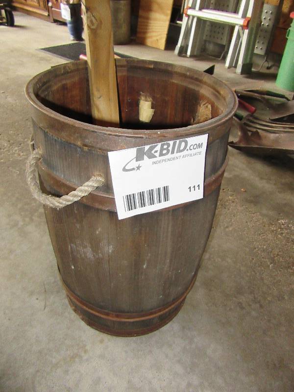 lot 111 image: Very Cool Wooden Barrel with Rope Handles