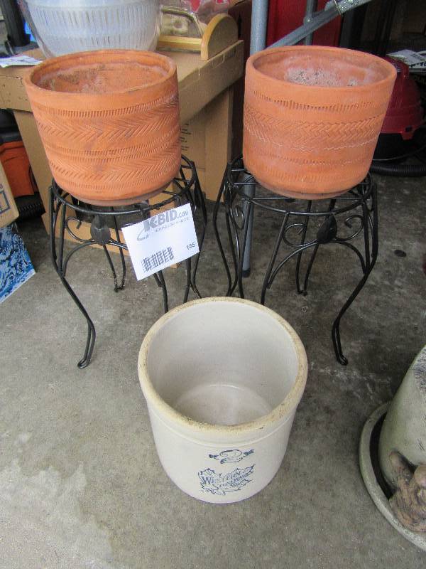 lot 165 image: 1 Western Stoneware Crock, 2 Flower Pots with Stand