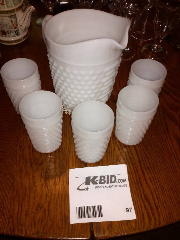 lot 97 image: Milk Glass Look-alike, 1 Pitcher, 5 Cups