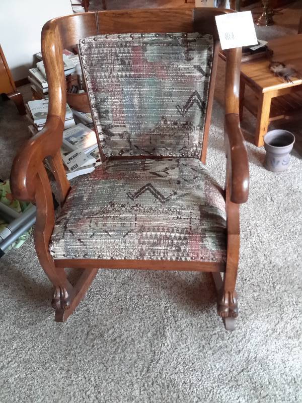 lot 5 image: Comfortable Cloth Rocking Chair, Cool Carved Wood