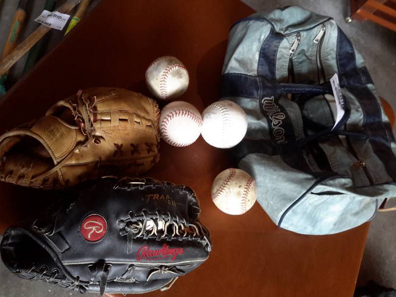 lot 216 image: 2 Softball Gloves, Balls, and Equipment Bag