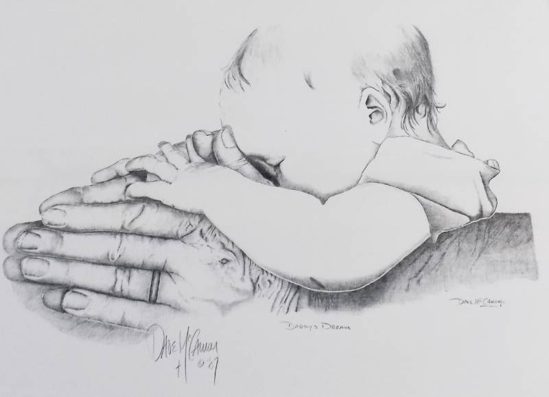 lot 13 image: Beautiful Hand Signed Dave McCamon Pencil Print Daddys Dream  Rustic Black (8) Print Clothes pin Frame