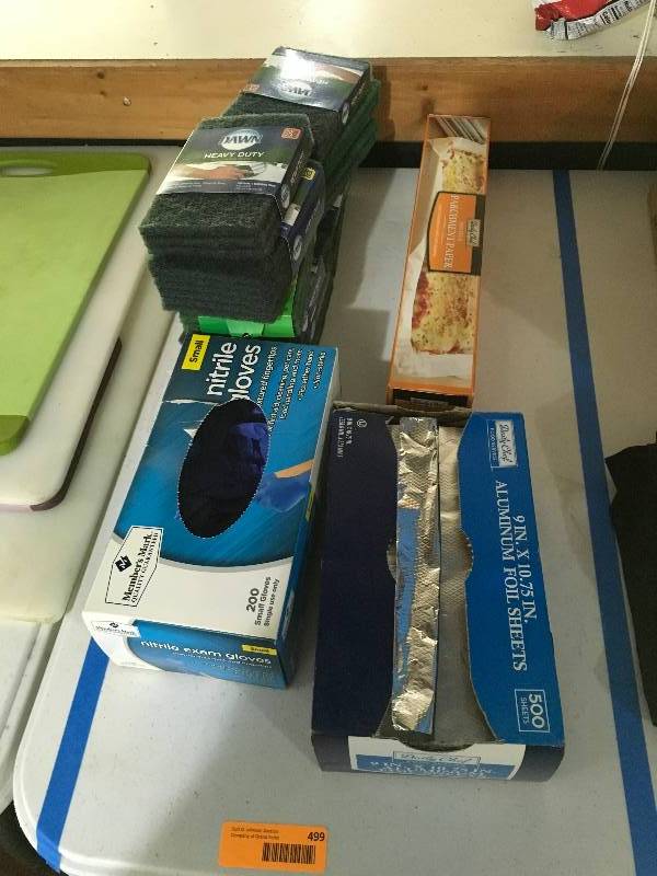 lot 499 image: Aluminum Foil Sheets, Placement Paper, Dawn Scrubbers, And Nitrile Gloves