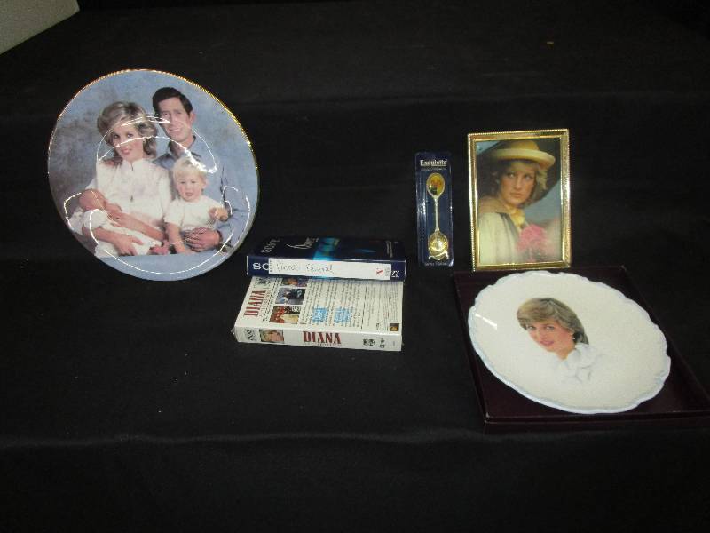 lot 180 image: Princess Diana China Plate, Spood with Royal Family on it, Royal Family Plate, Dianas Funeral Video Tape, Diana Video Tape Picture of Princess Diana