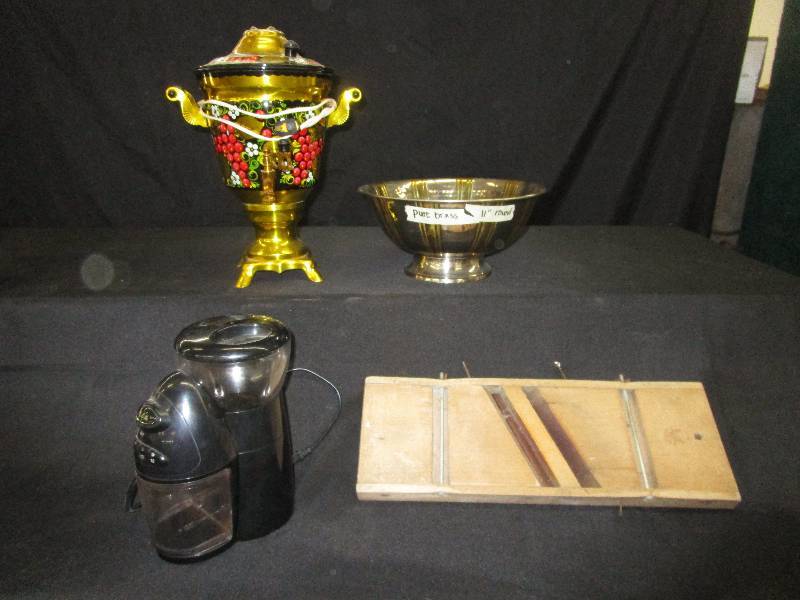lot 207 image: Pure Brass 11 Round Bowl, Kraut Cutter, Coffee Bean Grinder, Antique Coffee Pot
