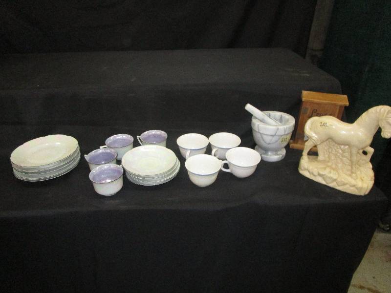 lot 228 image: Various Irredecent Plates and Cup, Horse, White Cups..