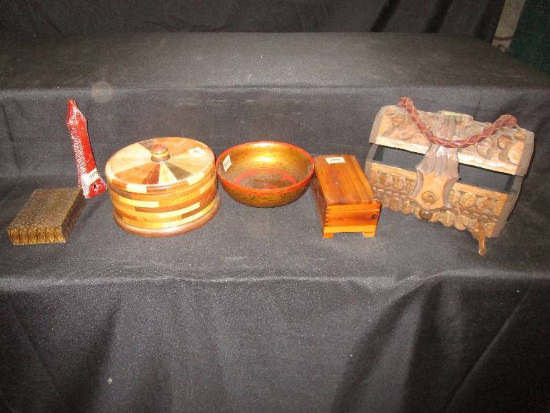 lot 231 image: Wood Bowls, Wood Chest, Etc..