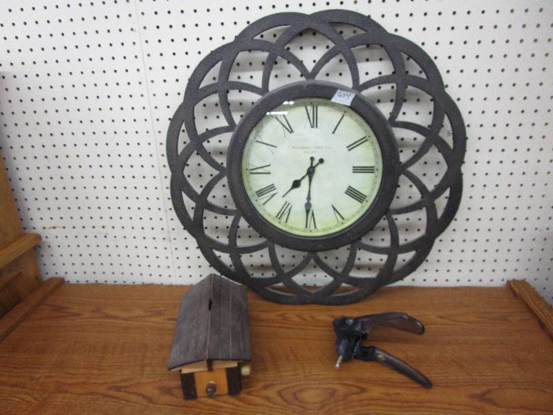 lot 6 image: Large Clock Aprox. 2 Ft Diameter, Piggy Bank, Wine Opener