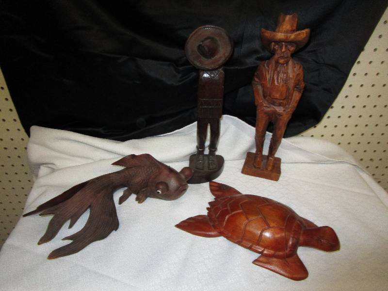 lot 24 image: Hand Carved Wooden Objects, Man, Cowboy 11 12 Tall, Mexican 11 12 Tall, Turtle 2 X 9 12, Fish 3 12 High 12 Long