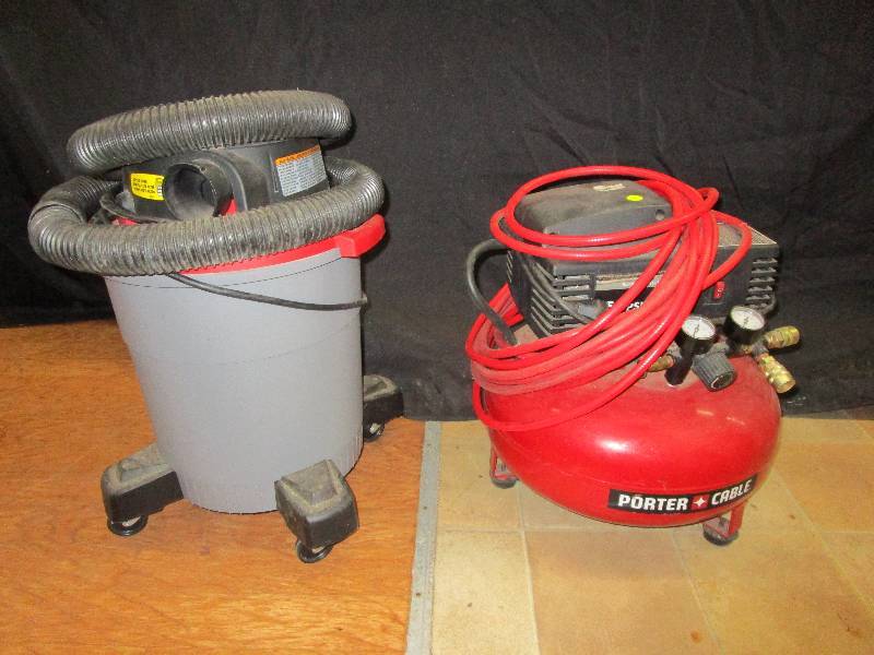 lot 47 image: Air Compressor Portercable 150 PSI and Husky Shop Vac