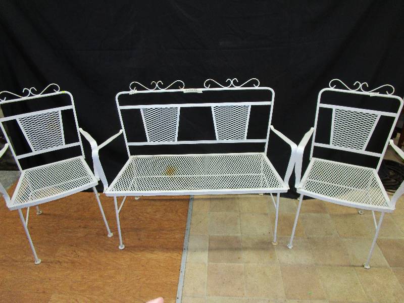 lot 48 image: 3 Piece Metal Patio Set, Bench 40 X 18 X 34, 2 Chairs