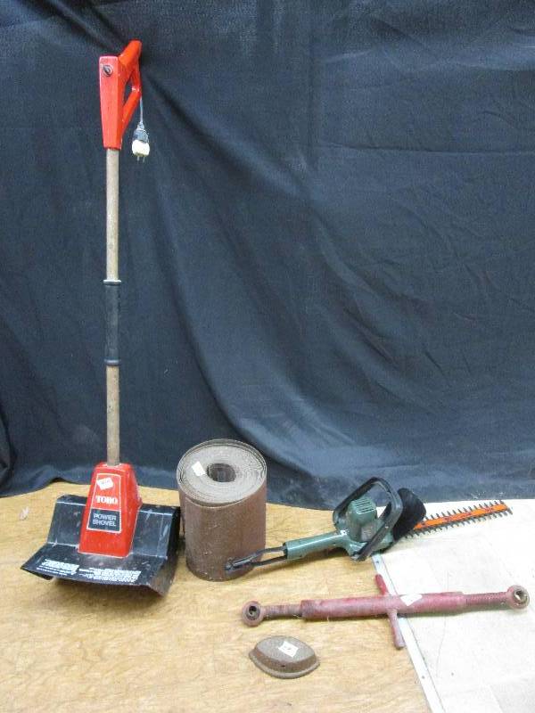 lot 59 image: Roll Of Sand Paper, Hedge Trimmer, Iron, Toro Snow Shovel, Misc.