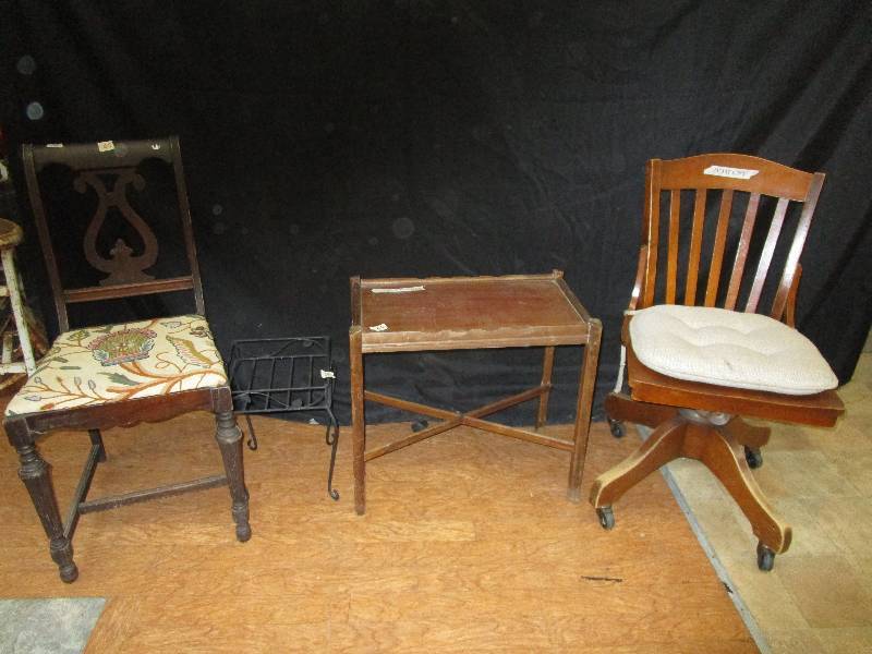 lot 65 image: Old Office Chair, Antique Table, Plant Stand, Chair