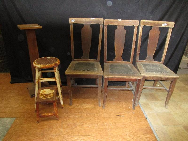 lot 66 image: 3 Old Antique Chairs, Antique Plant Stand 35High, Old Metal Stool