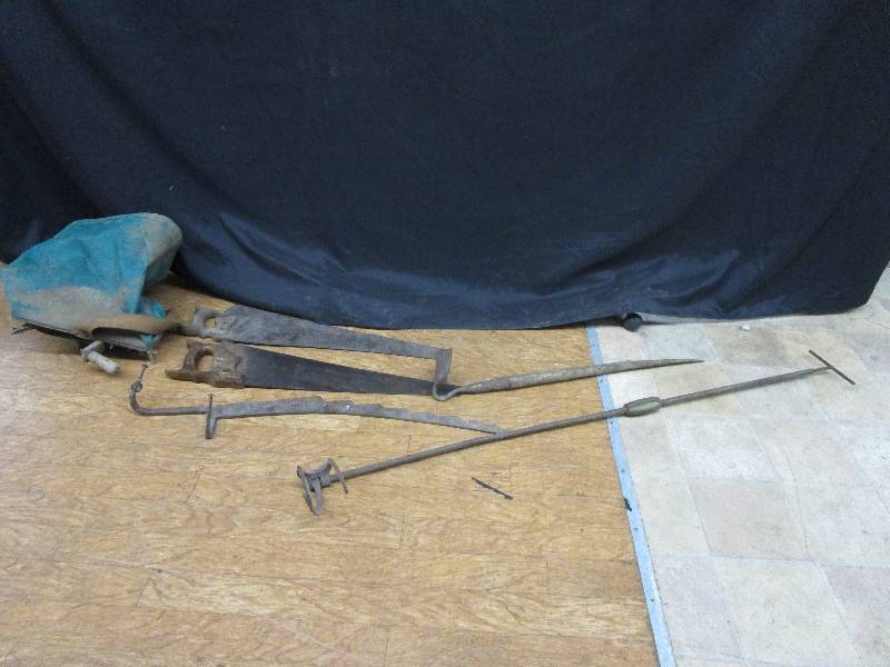 lot 68 image: Saws, Axe, Seeder, Antique Items