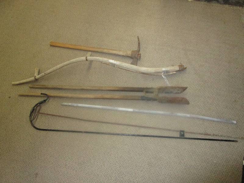 lot 97 image: Pick Ax, Scythe, Post Hole Digger, Shaphards Hook and more