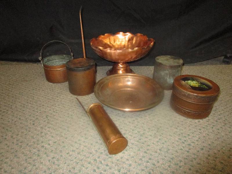 lot 98 image: Copper Items, Dish, Bos, Cylindars, Match Holder and more