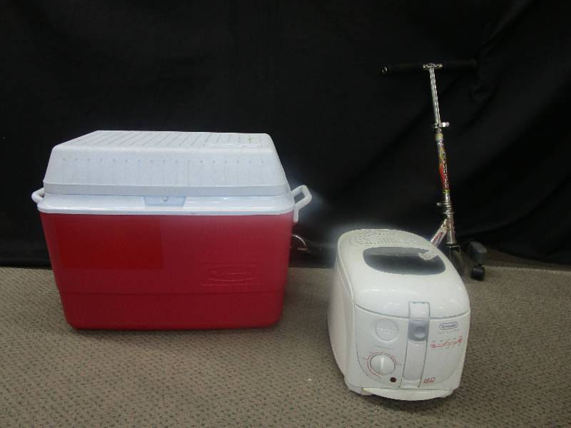 lot 107 image: Scooter, Rubbermaid Cooler and Deep Fryer