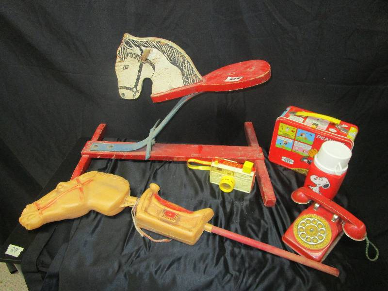 lot 111 image: Old Rocking Horse, Horse, Old Toy Telephone (N.N. Hill Company), Fisher Price Camera, Peanuts Lunch Box with Thermos