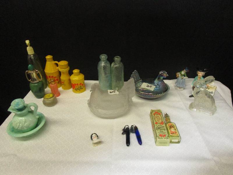 lot 120 image: Hen On A Nest (1 is Carnival Glass), Avon Stuff (Some Old Perfume Bottles)